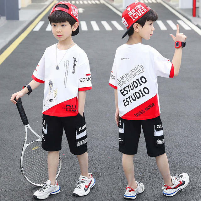 Boys summer short-sleeved suit 2024 new handsome and stylish children's clothing for older children in summer boys fashionable clothes