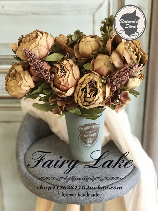 Antique American home Peony fruit bouquet Intense caramel mocha Nordic style model room decoration