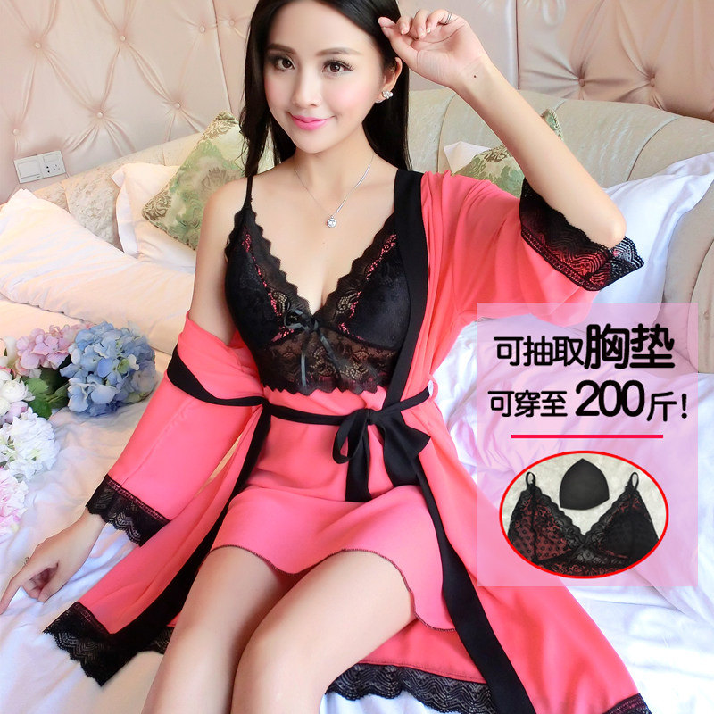 睡衣女夏加肥加大200斤胖mm带胸垫两件套女睡裙真丝雪纺吊带睡袍