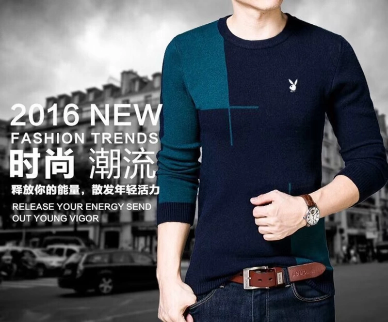 Playboy Áo len cashmere nam Cổ tròn Cổ dày Áo len kích thước lớn Áo len cashmere Áo len nam cardigan cardigan