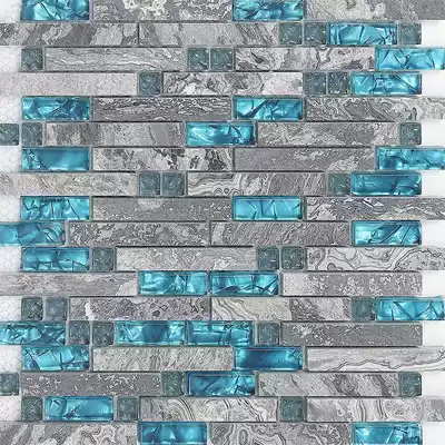 Mediterranean blue gray long and short strips Crystal glass mosaic marble entrance dining room TV background wall stickers