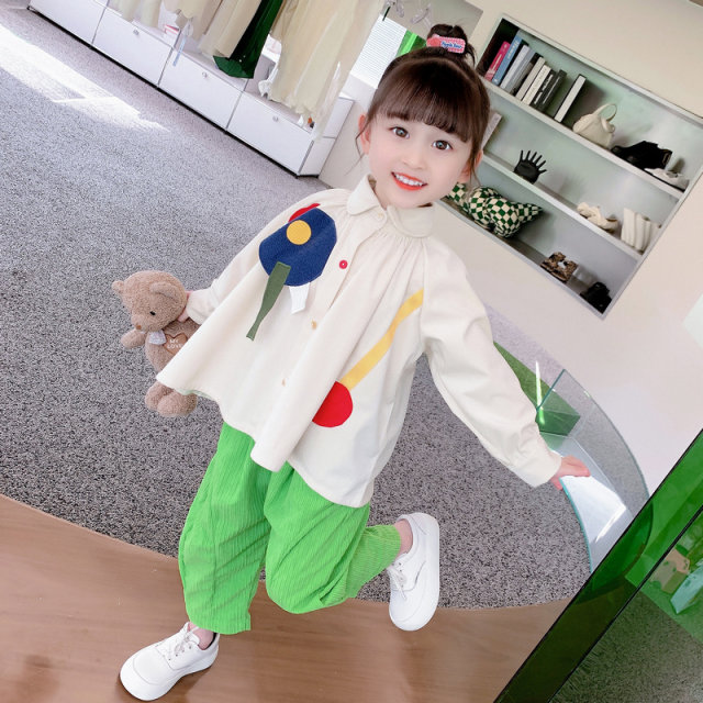 Net red fried street girls' suit foreign style fashionable spring dress 2023 new baby girl doll shirt corduroy two-piece set