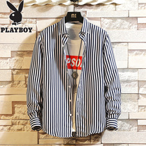 Playboy mens long sleeve shirt stripes spring summer coat Korean version of Tide mens handsome casual short sleeve shirt