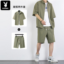 Playboy frock short-sleeved shirt Mens set with handsome summer ruffian handsome Japanese shirt jacket