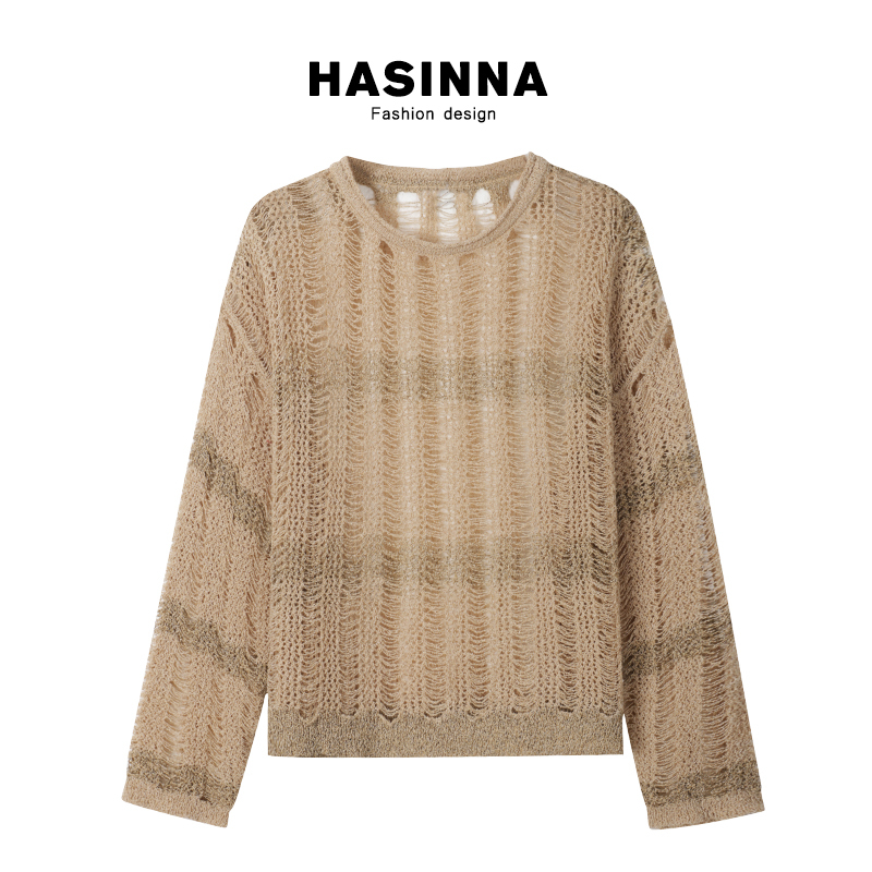 Hasinna Blogger's Same Style Retro Hollow-Out Knitted Long-Sleeve Blouse with Patchwork Knitwear