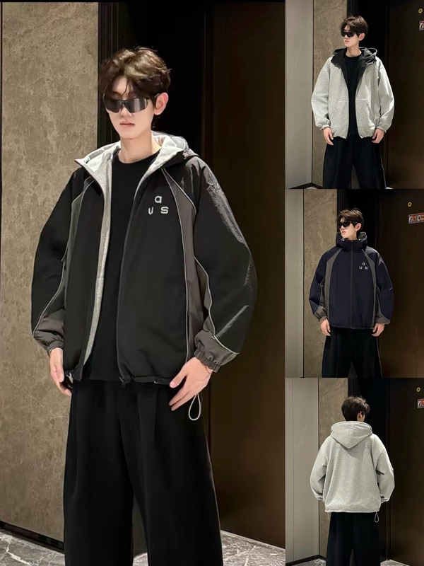 Hn Trendy Brand - [Reversible] Autumn Hooded Jacket with Color-Block Reflective Strips for Men, Versatile Reversible Sweatshirt Jacket