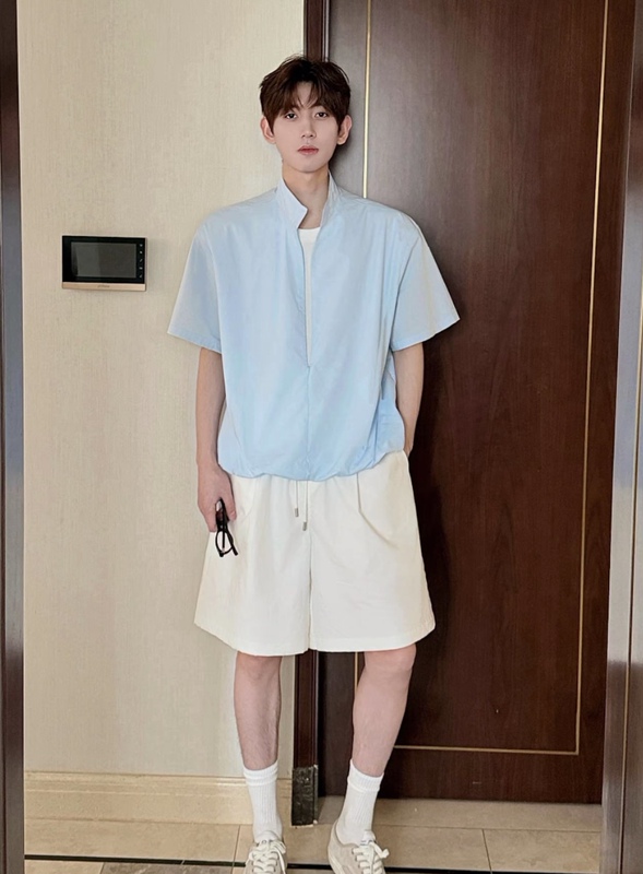 Hn26Ss/【Fake Two-Piece Set】Summer Pure Cotton Stand-Up Collar Short-Sleeve T-Shirt for Men, Versatile Design Two-Piece Set