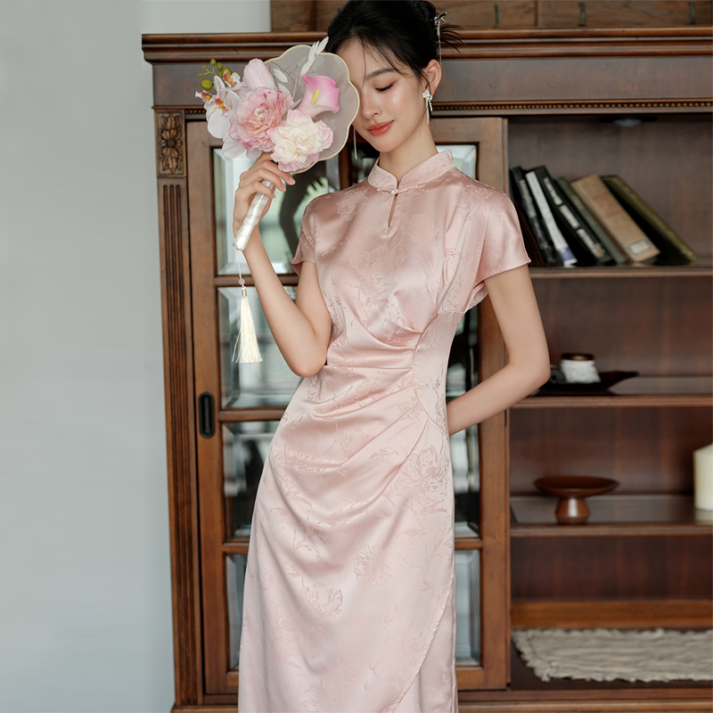 Chuqianyi New Chinese Style Improved Cheongsam Women's Summer Pink High-End Jacquard Pleated Toasting Dress