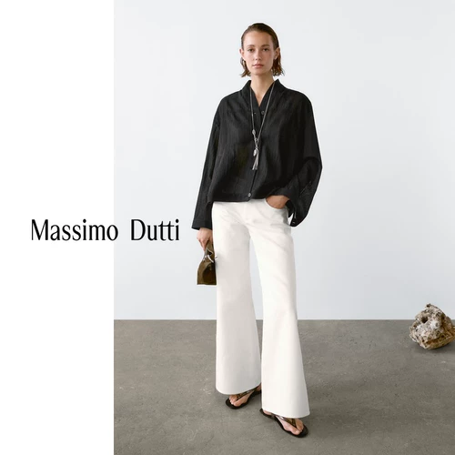 Новый сезон, специальная женская одежда MassimoDutti 2025, весна и лето, новая новая китайская текстурированная черная рубашка с длинными рукавами и воротником-стойкой, топ 05137737800