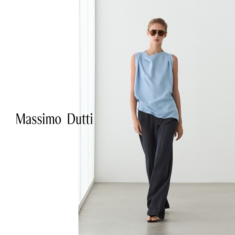 Summer New Style Massimo Dutti 2026 Women's Clothing Linen Blend Light Blue High-End Shirt 05124924403