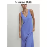 Massimo Dutti, летнее синее длинное платье, V-образный вырез, с открытой спиной, с лямками, средней длины