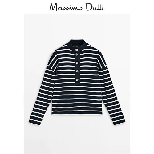 Massimo Dutti, демисезонный хлопковый лонгслив, свитер, 2023, в стиле Шанель, высокий воротник