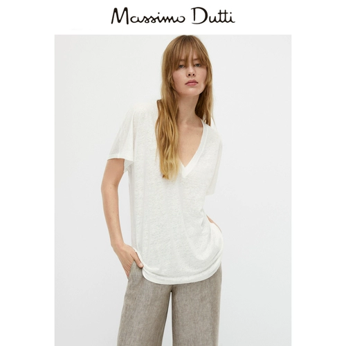 Massimo Dutti, демисезонная белая модная футболка с коротким рукавом для отдыха, V-образный вырез