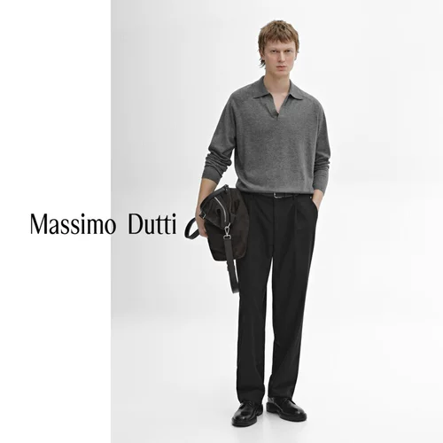 Специальное предложение нового продукта. Мужской свитер MassimoDutti 2025 года, новый элегантный стиль для поездок на работу, темно-серый, с воротником-поло и длинными рукавами 00931396829