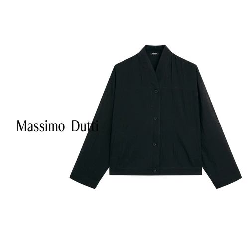 Новый сезон, специальная женская одежда MassimoDutti 2025, весна и лето, новая новая китайская текстурированная черная рубашка с длинными рукавами и воротником-стойкой, топ 05137737800