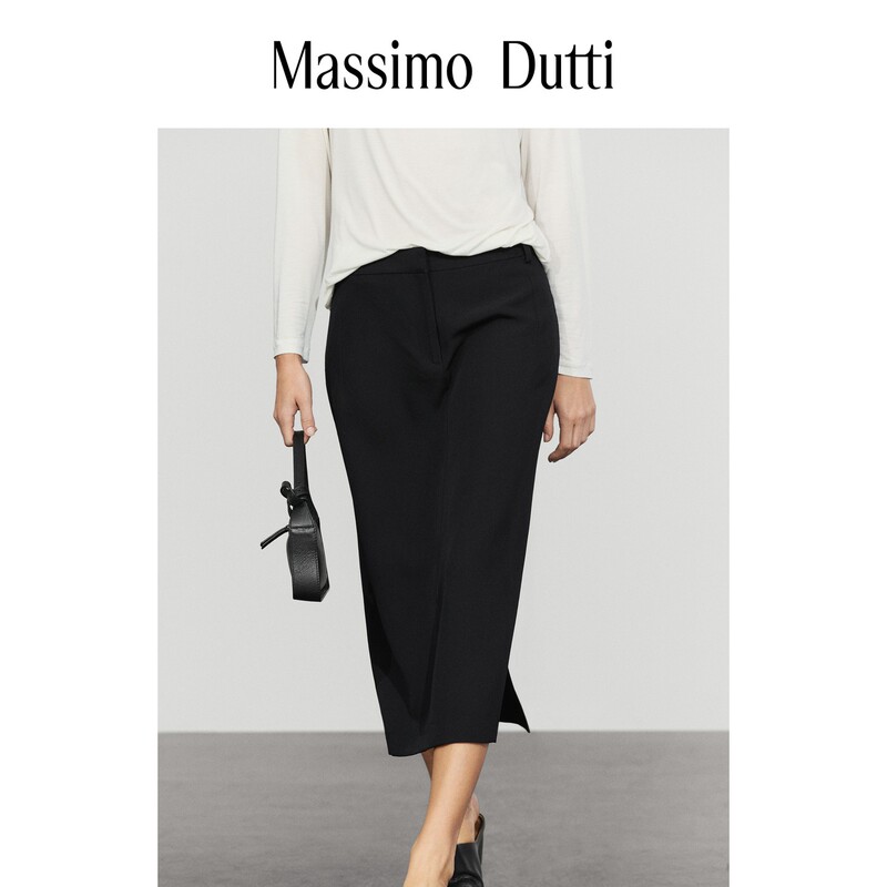 Autumn New Style Massimo Dutti 2026 Women's Fashion High-End Wool Blend Black Straight Mid-Length Skirt 05786510407