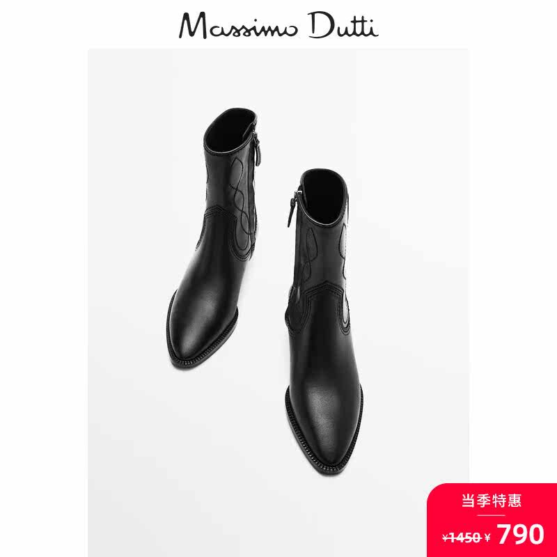 When season ex-gratia Massimo Dutti woman shoes black pointed western wind leather fashion short boot denim boots 11178850800