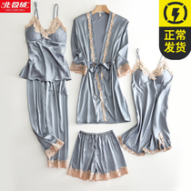 Spring Autumn Pyjamas Women Feel Five Suits Silk Slim Sleeping Dress Summer Ice Lady Pajamas Woman Sleepwear With Chest Cushion Summer