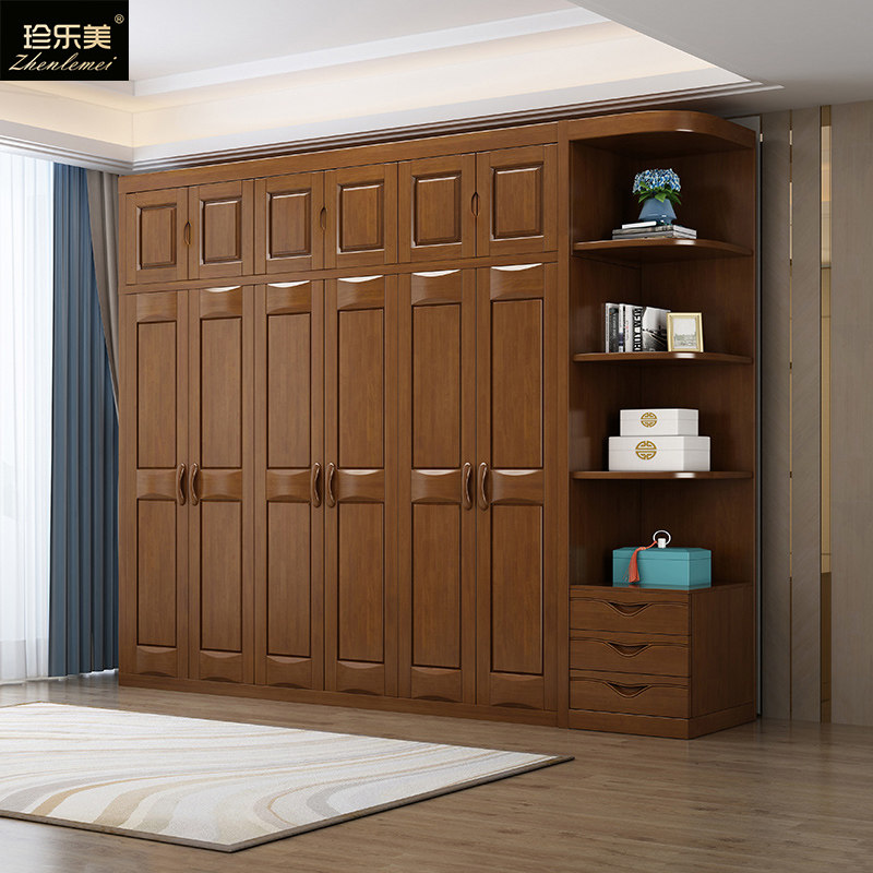 Zhenlemei modern new Chinese-style solid wood wardrobe four-door plus top cabinet large-capacity economical solid wood bedroom furniture