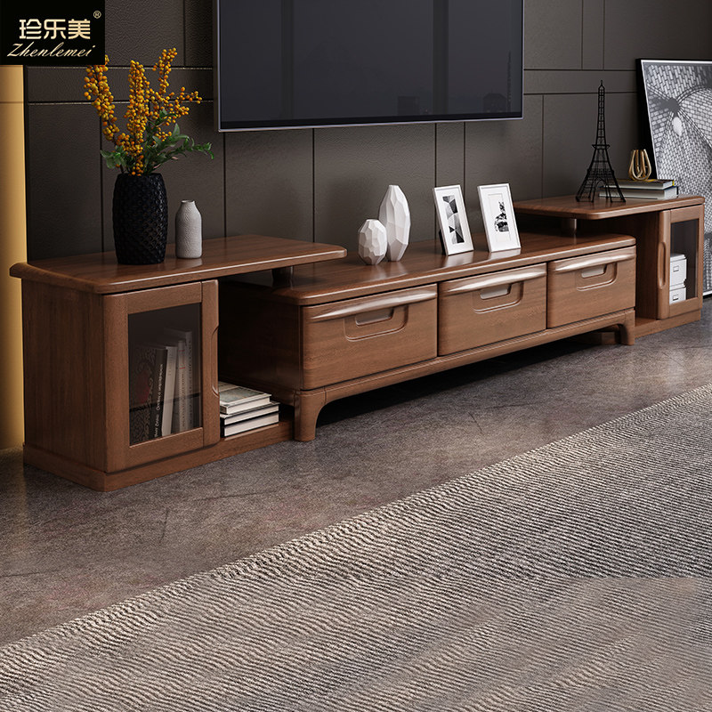 Walnut solid wood TV cabinet coffee table combination set modern minimalist living room locker telescopic TV cabinet