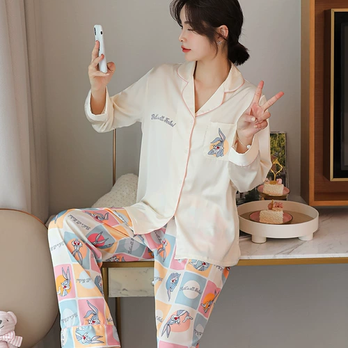 Осенняя летняя пижама, шелковый тонкий лонгслив для отдыха, комплект