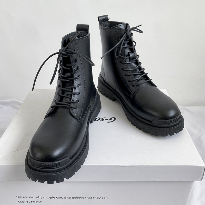 Medium-high cylinder Martin boot men leather boots Inlenty wind autumn winter men's shoes trendy black waterproof locomotive tooling tide boots
