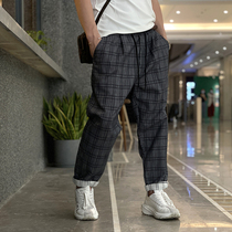 Japanese retro patina plaid silhouette high street nine-point pants mens trendy handsome autumn new loose casual pants