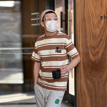 Summer mens trendy brand embroidery striped round neck short-sleeved casual cotton top T-shirt Japanese retro bottoming T-shirt