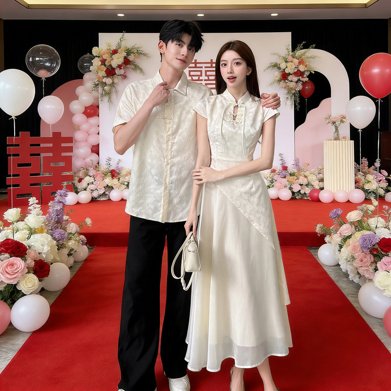 New Chinese-Style Couple Outfits with a High-End Feel, One Dress and One Skirt, Suitable for Marriage Registration, Engagement Ceremonies, and Can Be Worn Casually as a Modernized Dress