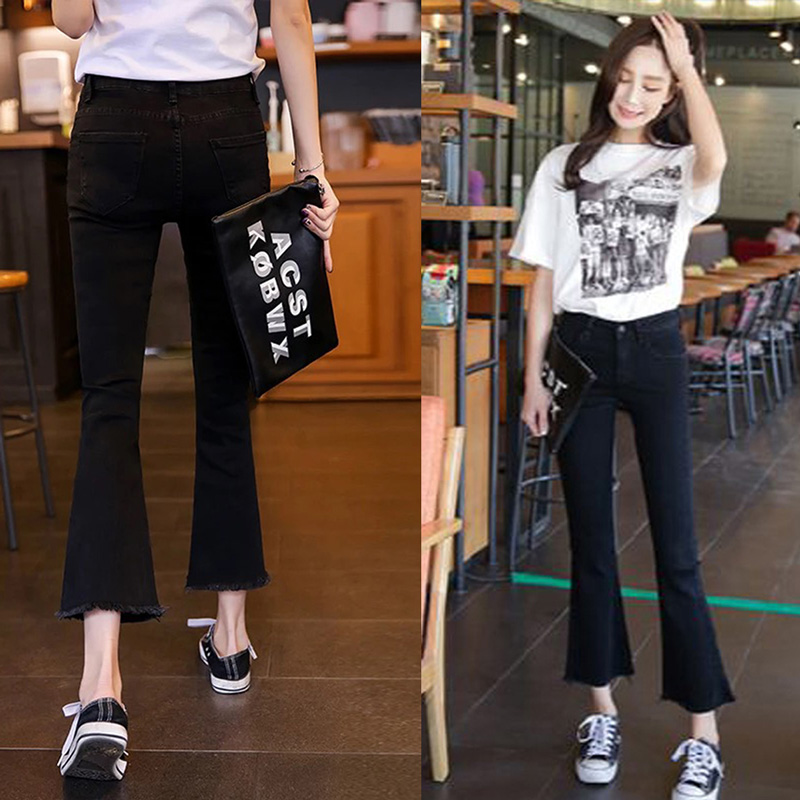 South Korean black high waist micro horn jeans woman 2021 new small sub-display slim width 90% small horn pants