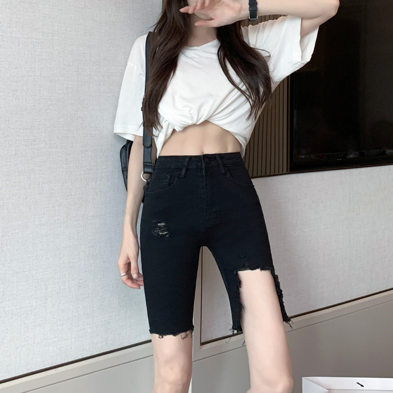 Korea Breaking Hole 50% Jeans Woman 2021 Summer high waist tight fit 50% Pants Slim Riding 50% Pants Black Shorts