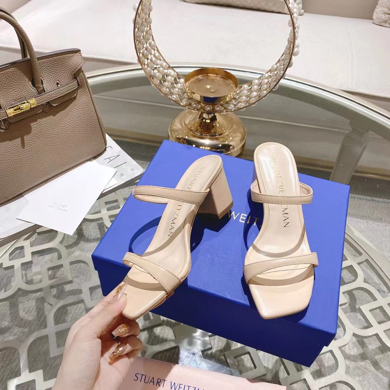 Original Sw Summer New Style Chunky Heel Strap Sandals with Open Back, Square Toe, Versatile Genuine Leather Slippers, Comfortable and Elegant Women's Shoes