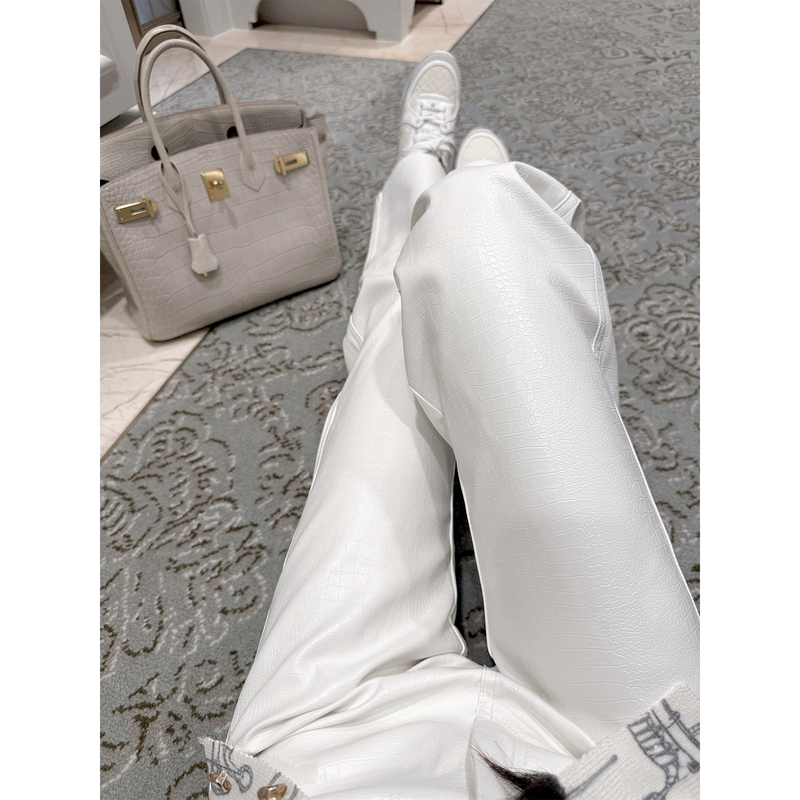 Qiauuu Milkshake White Leather Socialite-Style White Crocodile Embossed Straight-Leg Versatile Casual Leather Pants for Women Qiauuu Milkshake White Leather Socialite-Style White Crocodile Embossed Straight-Leg Versatile Casual Leather Pants for Women