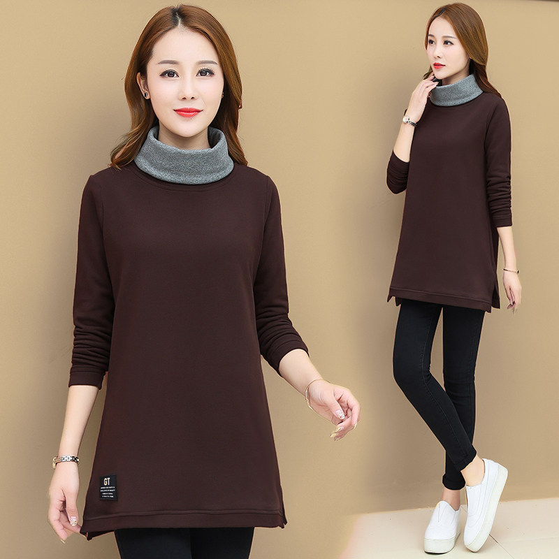 High collar plus suede thickened thick cotton T woman medium long version 2022 autumn winter new Korean version loose casual cover with bottom blouse