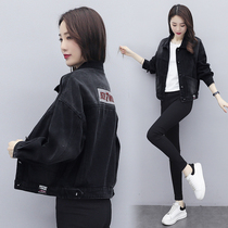 Spring and autumn denim coat womens 2021 early spring new womens womens loose short Korean fashion sequin black top