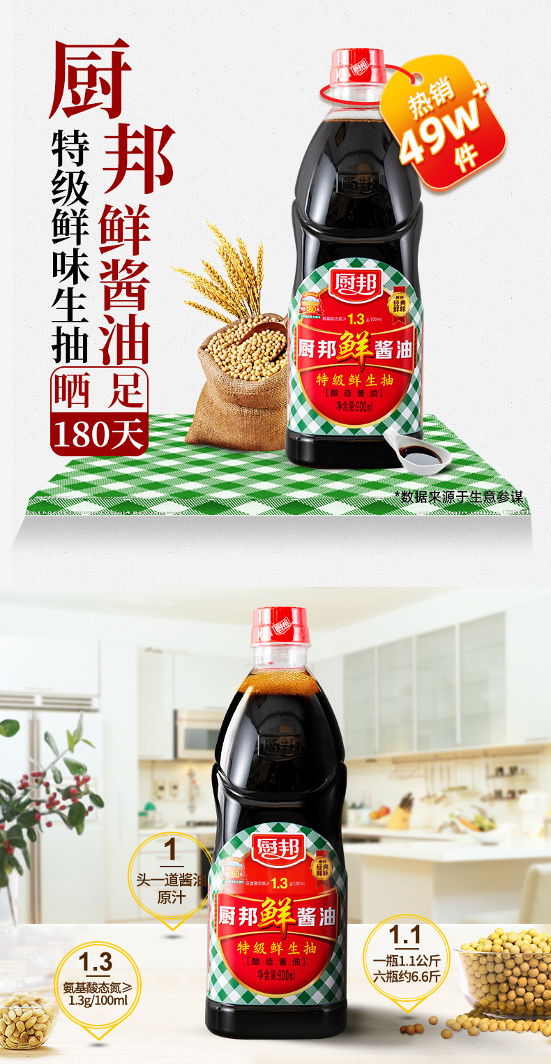 值哭！人民大会堂宴会用酱油：900mlx4瓶 厨邦 头道特级生抽 拍2件34.9元包邮（之前2瓶需29.9元） 买手党-买手聚集的地方