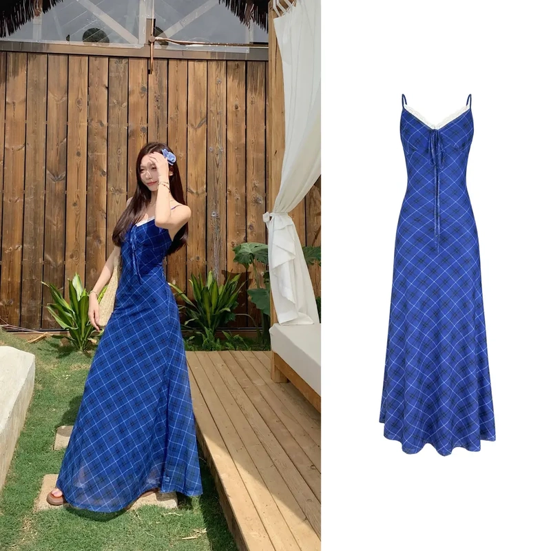 [Fei Wen Oni] Temperament Suspender Dress, Long Skirt, White and Slim Fit Klein Blue Plaid Skirt