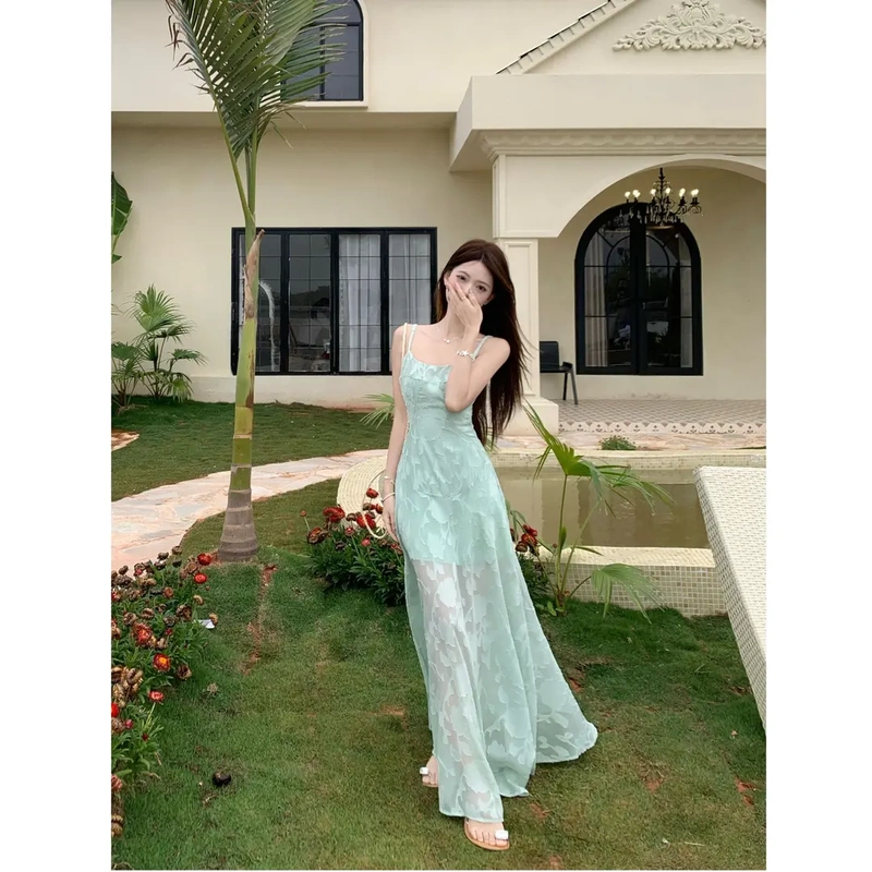 [Mint Shadow] Spring and Summer Hollow Textured Jacquard Large Swing Suspender Slim Long Dress Sweet Girl