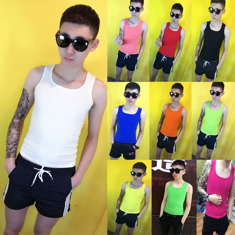 Summer trendy men's social spirit small guys tight fit pure color elastic workmanship vest suck sweat and breathable manmade vest man