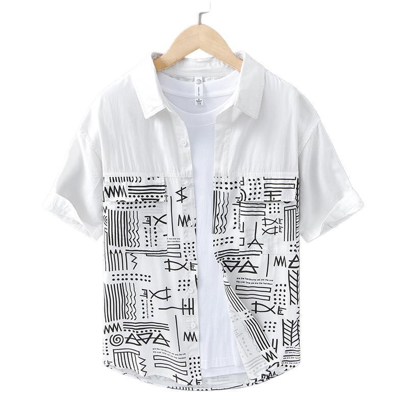 Japanese Style Handsome Printed Short-Sleeved Shirt for Men, Summer Loose Casual Patchwork Cotton Shirt, Durable and Elegant Men's Shirt
