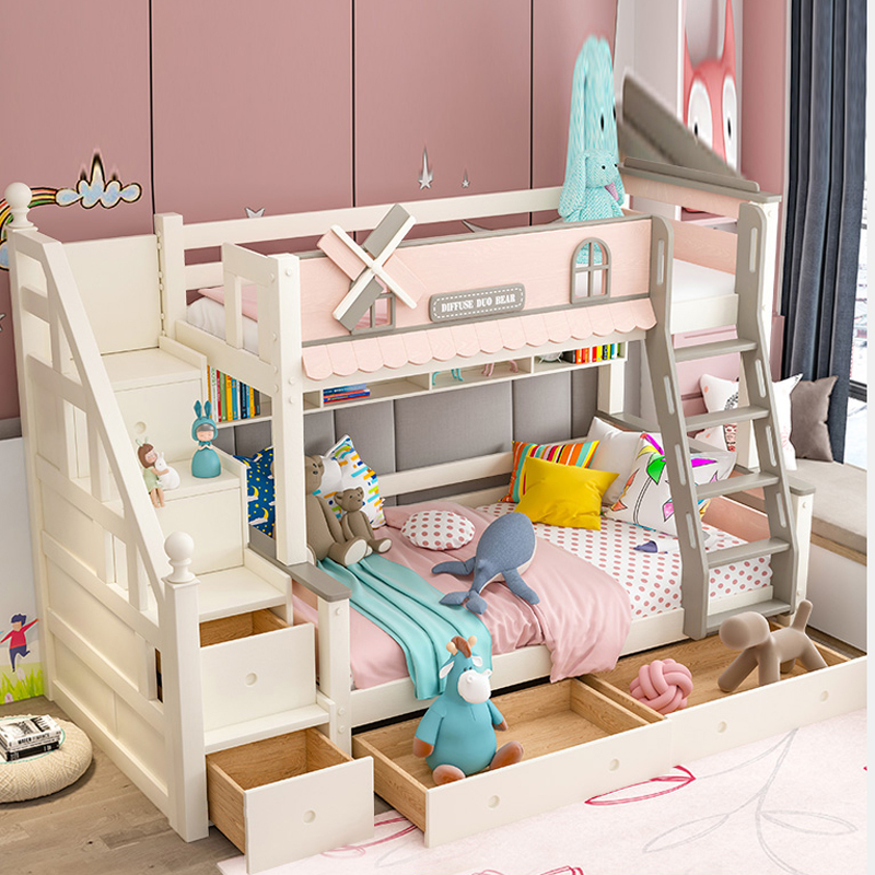 Children Princess Bed Windmill Up And Down Bed Full Solid Wood Castle Twins High and low primary and secondary beds Double two floors bunk beds