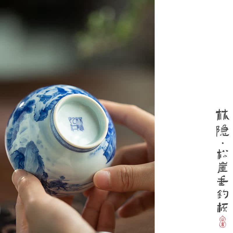 Lin Yin pine cliff fishing cup of jingdezhen blue and white master cup single hand - made glass ceramic cups kung fu tea set