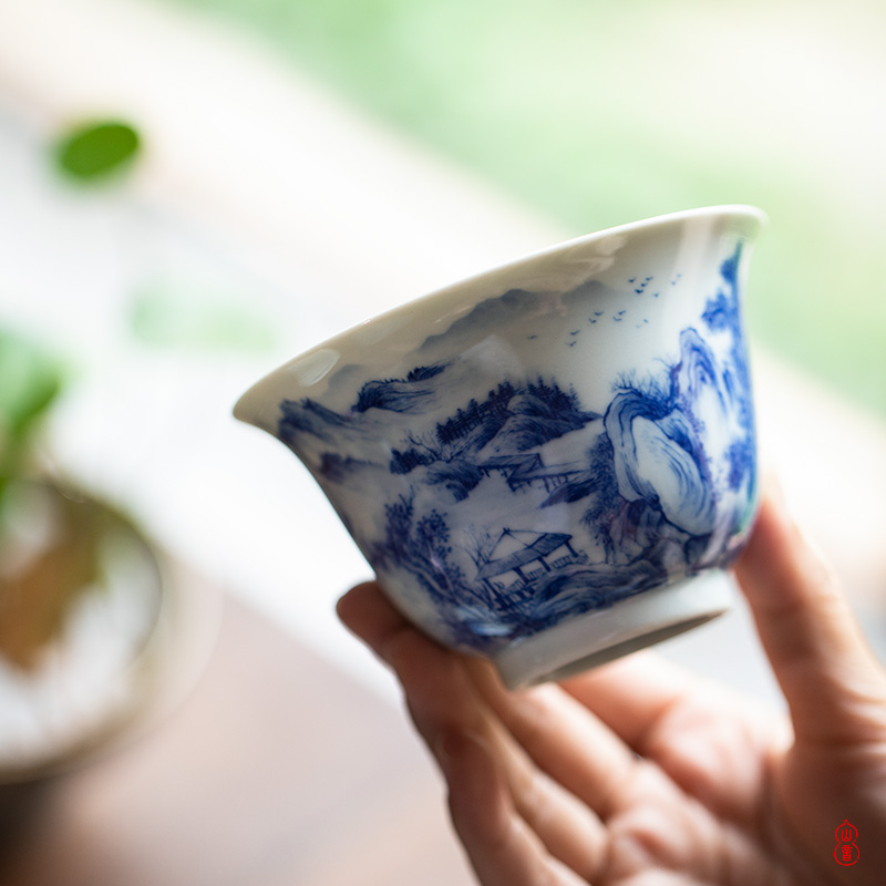 Poetry and landscape green room three only high - end tureen tureen jingdezhen porcelain hand - made teacup tea bowl