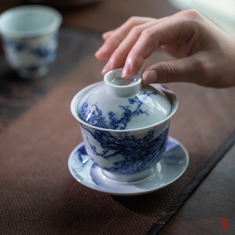 Art home benevolence jingdezhen blue and white peacock tureen checking ceramic high - end tureen tea bowl bowl