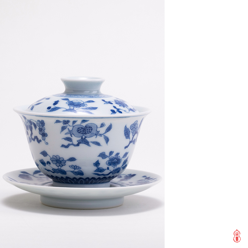 Poly real rings don hand - made jingdezhen blue and red fruit only three tureen checking high - end orphan works covered bowl bowl tea sets