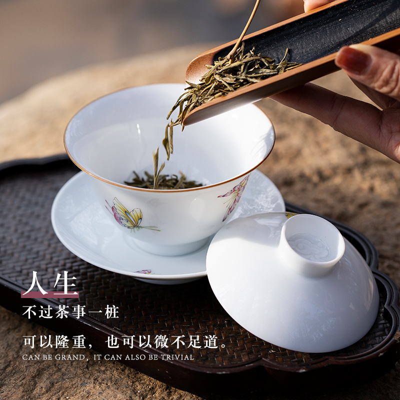 Jingdezhen hand - made pastel pure manual tureen them kung fu tea bowl thin body three cups to large bowl