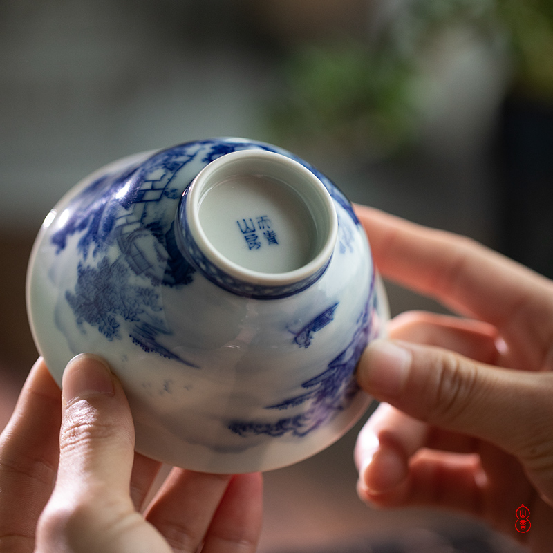 The Day blue green room inside and outside the landscape left koubei jingdezhen ceramic hand - made kung fu tea cups single CPU