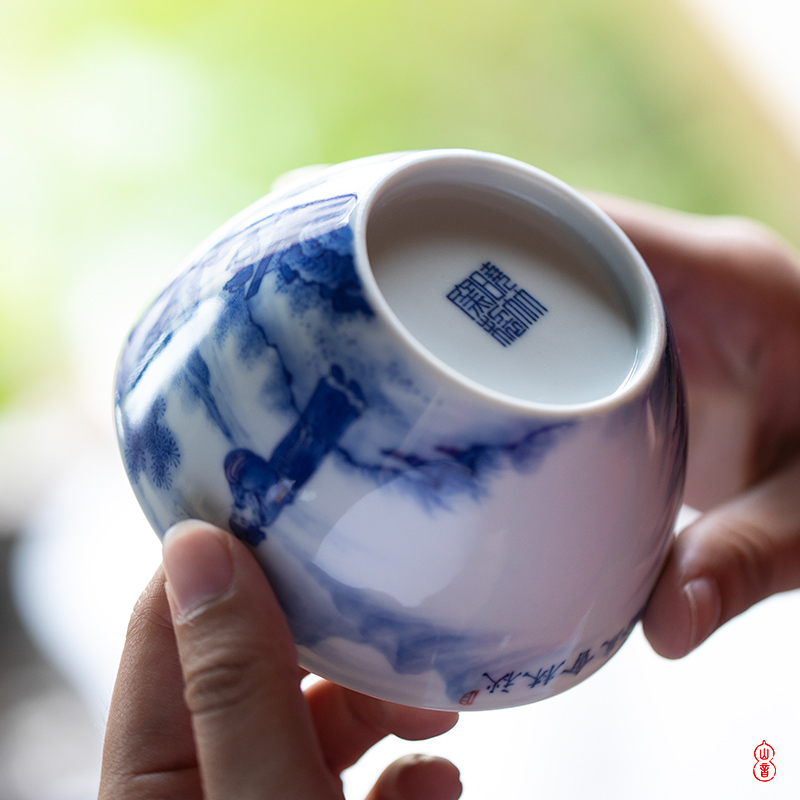 Xiao qiu Lin bamboo up members figure of jingdezhen blue and white master single hand - made ceramic cups cup kung fu tea set