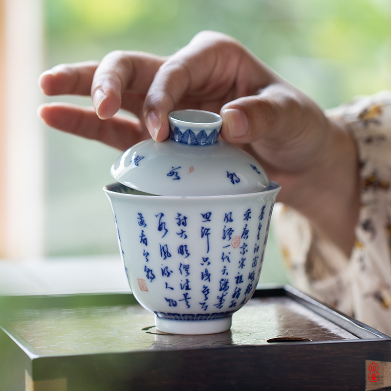 Poly real (blue and white patio spring rings hall & middot; Snow covered bowl of jingdezhen ceramics to make tea tureen single bowl bowl