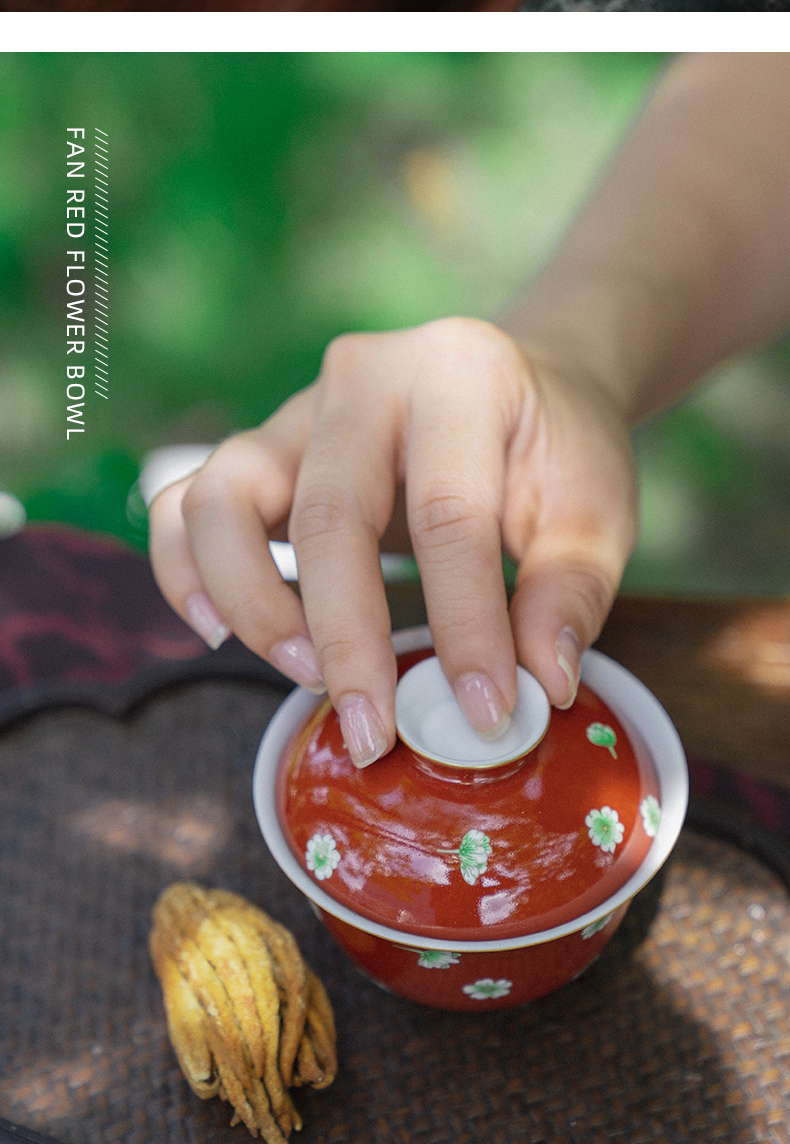 Mountain sound alum red flower only tureen jingdezhen tureen tea cups kung fu tea tureen single pure manual painting